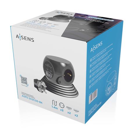 AISENS Regleta de Enchufes Sobremesa Multifuncion con 3 Tomas + 2xUSB-C, 2xUSB-A, 1.4M, Negro - Imagen 7 de 7 AISENS Regleta de Enchufes Sobremesa Multifuncion con 3 Tomas + 2xUSB-C, 2xUSB-A, 1.4M, Negro - Imagen 7 de 7