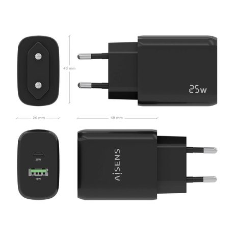 CARGADOR AISENS 25W 1XUSB-C PD3.0 1XUSB-A QC3.0 NEGRO - Imagen 5 de 6 CARGADOR AISENS 25W 1XUSB-C PD3.0 1XUSB-A QC3.0 NEGRO - Imagen 5 de 6