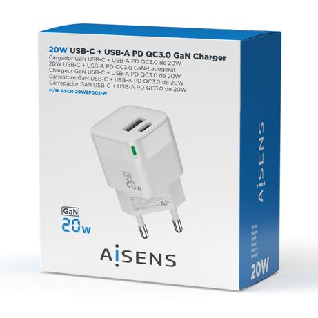 AISENS Cargador Gan 20W, 1xUSB-C PD3.0 QC4.0, 1xUSB-A QC3.0, Blanco - Imagen 5 de 7 AISENS Cargador Gan 20W, 1xUSB-C PD3.0 QC4.0, 1xUSB-A QC3.0, Blanco - Imagen 5 de 7
