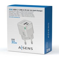 Miniatura 5 de AISENS Cargador Gan 30W, 1xUSB-C PD3.0 QC4.0, 1xUSB-A QC3.0, Blanco