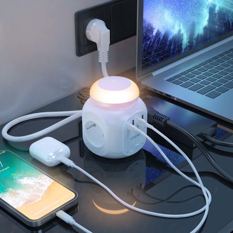 AISENS Regleta de Enchufes Sobremesa Multifuncion con 4 Tomas + 1XUSB-C, 3XUSB-A, Luz Nocturna, 1.8M, Blanco - Imagen 6 de 7 AISENS Regleta de Enchufes Sobremesa Multifuncion con 4 Tomas + 1XUSB-C, 3XUSB-A, Luz Nocturna, 1.8M, Blanco - Imagen 6 de 7