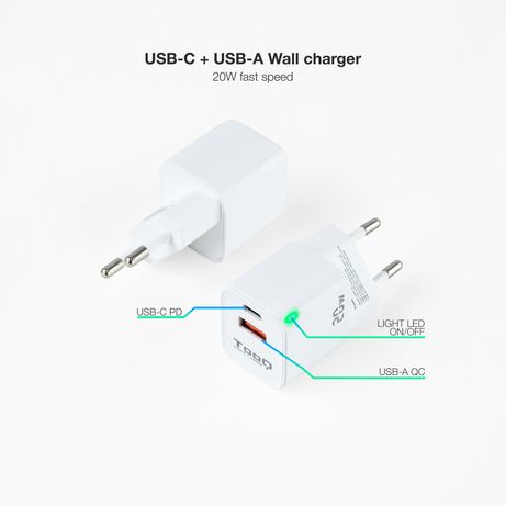 CARGADOR USB PARED TOOQ TQWC-QCPD20WT USB-C/PD + USB-A/QC 20W BLANCO - Imagen 3 de 7 CARGADOR USB PARED TOOQ TQWC-QCPD20WT USB-C/PD + USB-A/QC 20W BLANCO - Imagen 3 de 7