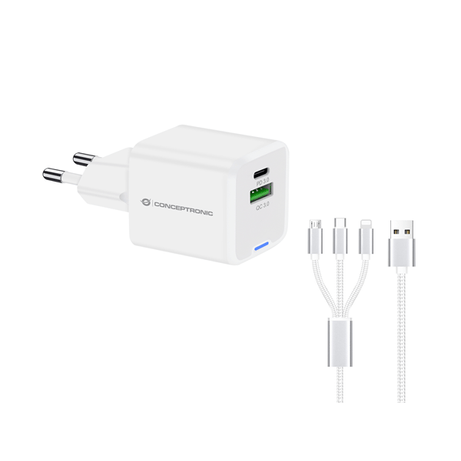 CARGADOR DE PARED CONCEPTRONIC USB-C x1 USB-Ax1 QUICKCHARGE 3.0 GaN PPS 33W INCLUYE CABLE 3-1 BLANCO - Imagen 1 de 5 CARGADOR DE PARED CONCEPTRONIC USB-C x1 USB-Ax1 QUICKCHARGE 3.0 GaN PPS 33W INCLUYE CABLE 3-1 BLANCO - Imagen 1 de 5