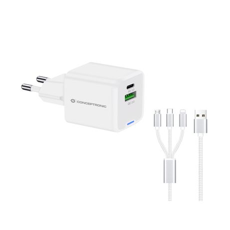 CARGADOR DE PARED CONCEPTRONIC USB-C x1 USB-Ax1 QUICKCHARGE 3.0 GaN PPS 33W INCLUYE CABLE 3-1 BLANCO - Imagen 2 de 5 CARGADOR DE PARED CONCEPTRONIC USB-C x1 USB-Ax1 QUICKCHARGE 3.0 GaN PPS 33W INCLUYE CABLE 3-1 BLANCO - Imagen 2 de 5