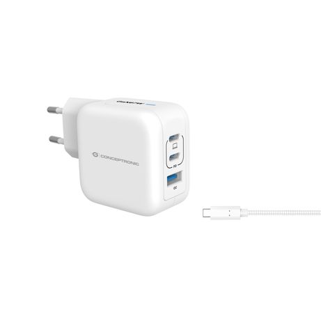 CARGADOR DE PARED CONCEPTRONIC USB-C x2 USB-Ax1 QUICKCHARGE 3.0 PPS 67W INCLUYE CABLE COLOR BLANCO - Imagen 2 de 4 CARGADOR DE PARED CONCEPTRONIC USB-C x2 USB-Ax1 QUICKCHARGE 3.0 PPS 67W INCLUYE CABLE COLOR BLANCO - Imagen 2 de 4