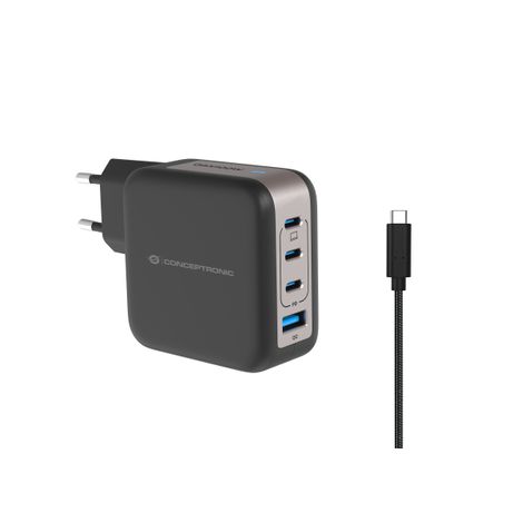 CARGADOR DE PARED CONCEPTRONIC USB-C x3 USB-Ax1 QUICKCHARGE 3.0 GaN PPS 100W INCLUYE CABLE NEGRO - Imagen 2 de 5 CARGADOR DE PARED CONCEPTRONIC USB-C x3 USB-Ax1 QUICKCHARGE 3.0 GaN PPS 100W INCLUYE CABLE NEGRO - Imagen 2 de 5