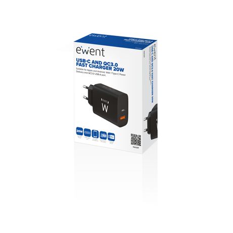 CARGADOR DE PARED RAPIDO EWENT USB-A USB-C QC3.0 20W NEGRO - Imagen 5 de 5 CARGADOR DE PARED RAPIDO EWENT USB-A USB-C QC3.0 20W NEGRO - Imagen 5 de 5