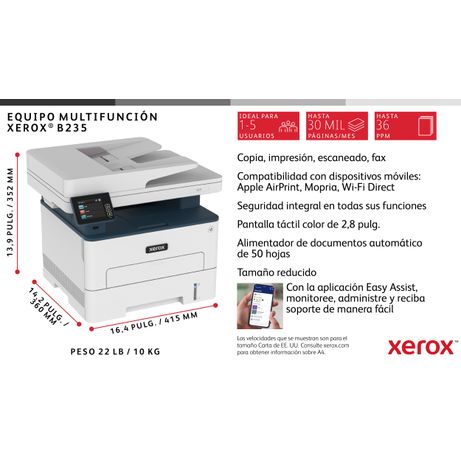 XEROX B235 A4 34 ppm Inalámbrica Copia/impresión/escaneado/fax PS3 PCL5e/6 ADF 2 bandejas Multifunción A4 Wifi Laser Dúplex - Imagen 8 de 15 XEROX B235 A4 34 ppm Inalámbrica Copia/impresión/escaneado/fax PS3 PCL5e/6 ADF 2 bandejas Multifunción A4 Wifi Laser Dúplex - Imagen 8 de 15
