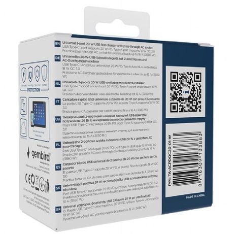 CARGADOR RAPIDO GEMBIRD USB DE 2 PUERTOS CON TOMA DE CA DE PASO 20 W BLANCO - Imagen 7 de 7 CARGADOR RAPIDO GEMBIRD USB DE 2 PUERTOS CON TOMA DE CA DE PASO 20 W BLANCO - Imagen 7 de 7
