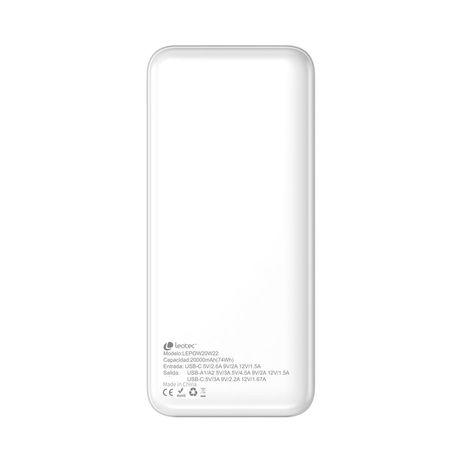 LEOTEC POWERBANK 20000mAh 22,5W PD20W Carga rapida Blanco (1 salida USB-C + 2 salidas USB-A, incluye cable USB-A a USB-C de 22,5W) - Imagen 2 de 17 LEOTEC POWERBANK 20000mAh 22,5W PD20W Carga rapida Blanco (1 salida USB-C + 2 salidas USB-A, incluye cable USB-A a USB-C de 22,5W) - Imagen 2 de 17