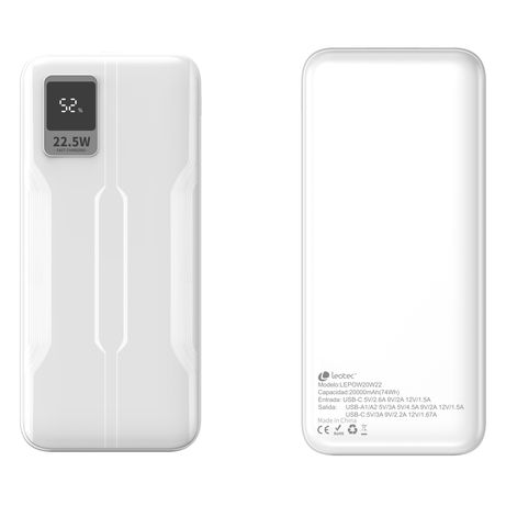 LEOTEC POWERBANK 20000mAh 22,5W PD20W Carga rapida Blanco (1 salida USB-C + 2 salidas USB-A, incluye cable USB-A a USB-C de 22,5W) - Imagen 4 de 17 LEOTEC POWERBANK 20000mAh 22,5W PD20W Carga rapida Blanco (1 salida USB-C + 2 salidas USB-A, incluye cable USB-A a USB-C de 22,5W) - Imagen 4 de 17