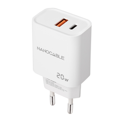 CARGADOR USB PARED NANO CABLE USB-C/PD + USB-A/QC 20W BLANCO