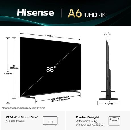 Televisor HISENSE 85" 85A6Q LED 4K Ultra HD - Imagen 3 de 14 Televisor HISENSE 85" 85A6Q LED 4K Ultra HD - Imagen 3 de 14