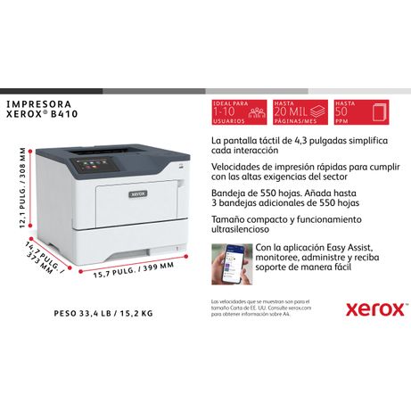 XEROX Xerox B410 A4 47 ppm Impresora a doble cara PS3 PCL5e/6 2 bandejas 650 hojas en total Laser Dúplex Color - Imagen 7 de 13 XEROX Xerox B410 A4 47 ppm Impresora a doble cara PS3 PCL5e/6 2 bandejas 650 hojas en total Laser Dúplex Color - Imagen 7 de 13
