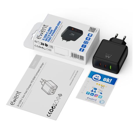 EWENT Cargador Gan Fast 65W 2 USB-C PD-1USB-A QC - Imagen 3 de 3 EWENT Cargador Gan Fast 65W 2 USB-C PD-1USB-A QC - Imagen 3 de 3