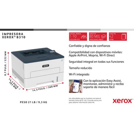 XEROX Xerox B310 A4 40 ppm Impresora inalámbrica a doble cara PS3 PCL5e/6 2 bandejas Total 350 hojas Laser Wifi Dúplex - Imagen 12 de 21 XEROX Xerox B310 A4 40 ppm Impresora inalámbrica a doble cara PS3 PCL5e/6 2 bandejas Total 350 hojas Laser Wifi Dúplex - Imagen 12 de 21
