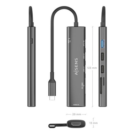 AISENS USB C Dock 7 en 1 USB C A 1x HDMI 2x USB A USB2 0 1x USB A USB3 0 1x USB C PD 100W 1x SD 1x MicroSD Gris 15cm - Imagen 5 de 9 AISENS USB C Dock 7 en 1 USB C A 1x HDMI 2x USB A USB2 0 1x USB A USB3 0 1x USB C PD 100W 1x SD 1x MicroSD Gris 15cm - Imagen 5 de 9