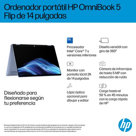 OmniBook 5 Flip 14 Core 5 120U 16GB LPDDR5X on-board 1TB PCIe Intel Graphics Touch/14.0 2K OLED Brightview 300 nits WIN 11 Sky Blue - Imagen 10 de 18 OmniBook 5 Flip 14 Core 5 120U 16GB LPDDR5X on-board 1TB PCIe Intel Graphics Touch/14.0 2K OLED Brightview 300 nits WIN 11 Sky Blue - Imagen 10 de 18