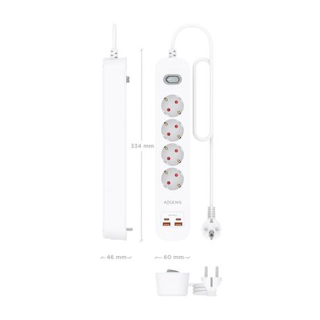 AISENS Regleta de Enchufes Multifuncion con 4 Tomas Cargador PD3 0 20W 2xUSB C 2xUSB A 1 4m Blanco - Imagen 5 de 8 AISENS Regleta de Enchufes Multifuncion con 4 Tomas Cargador PD3 0 20W 2xUSB C 2xUSB A 1 4m Blanco - Imagen 5 de 8