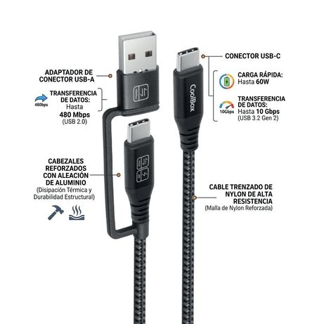 CABLE USB-C A USB-C 1.8M COOLBOX 60W TRENZADO ADAPTADOR USB-A - Imagen 3 de 4 CABLE USB-C A USB-C 1.8M COOLBOX 60W TRENZADO ADAPTADOR USB-A - Imagen 3 de 4