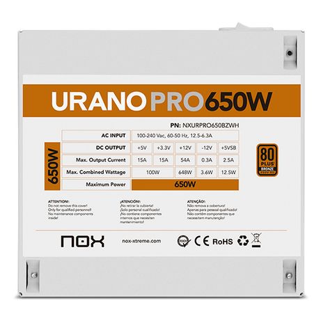 Fuente Alimentación 650W NOX Urano PRO White 650W Bronze 80 PLUS Bronze Blanco - Imagen 3 de 10 Fuente Alimentación 650W NOX Urano PRO White 650W Bronze 80 PLUS Bronze Blanco - Imagen 3 de 10