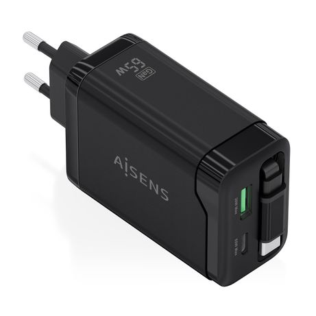 AISENS Cargador GaN 65W 1xUSB C Cable Retractil 1xUSB C PD3 0 1xUSB A QC3 0 Negro - Imagen 1 de 7 AISENS Cargador GaN 65W 1xUSB C Cable Retractil 1xUSB C PD3 0 1xUSB A QC3 0 Negro - Imagen 1 de 7