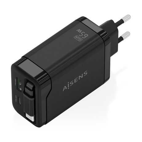 AISENS Cargador GaN 65W 1xUSB C Cable Retractil 1xUSB C PD3 0 1xUSB A QC3 0 Negro - Imagen 2 de 7 AISENS Cargador GaN 65W 1xUSB C Cable Retractil 1xUSB C PD3 0 1xUSB A QC3 0 Negro - Imagen 2 de 7