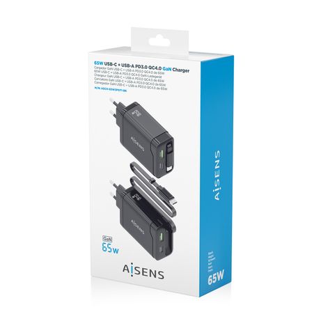 AISENS Cargador GaN 65W 1xUSB C Cable Retractil 1xUSB C PD3 0 1xUSB A QC3 0 Negro - Imagen 7 de 7 AISENS Cargador GaN 65W 1xUSB C Cable Retractil 1xUSB C PD3 0 1xUSB A QC3 0 Negro - Imagen 7 de 7
