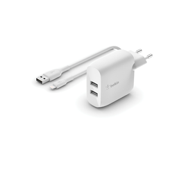 BOOST CHARGE 24W USB-A DUAL  WALL CHARGER W/ 1M A-LTG, WHITE