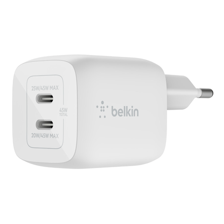 CARGADOR DOMESTICO BELKIN WCH011VFWH DOBLE USB-C GAN BOOST CHARGE PRO 45w (25w+20w) - Imagen 1 de 6 CARGADOR DOMESTICO BELKIN WCH011VFWH DOBLE USB-C GAN BOOST CHARGE PRO 45w (25w+20w) - Imagen 1 de 6