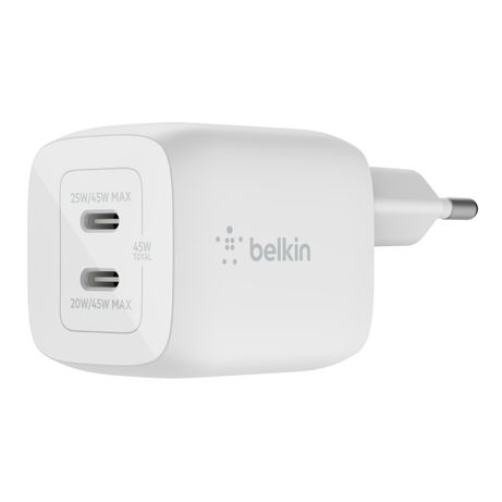 CARGADOR DOMESTICO BELKIN WCH011VFWH DOBLE USB-C GAN BOOST CHARGE PRO 45w (25w+20w) - Imagen 2 de 6 CARGADOR DOMESTICO BELKIN WCH011VFWH DOBLE USB-C GAN BOOST CHARGE PRO 45w (25w+20w) - Imagen 2 de 6